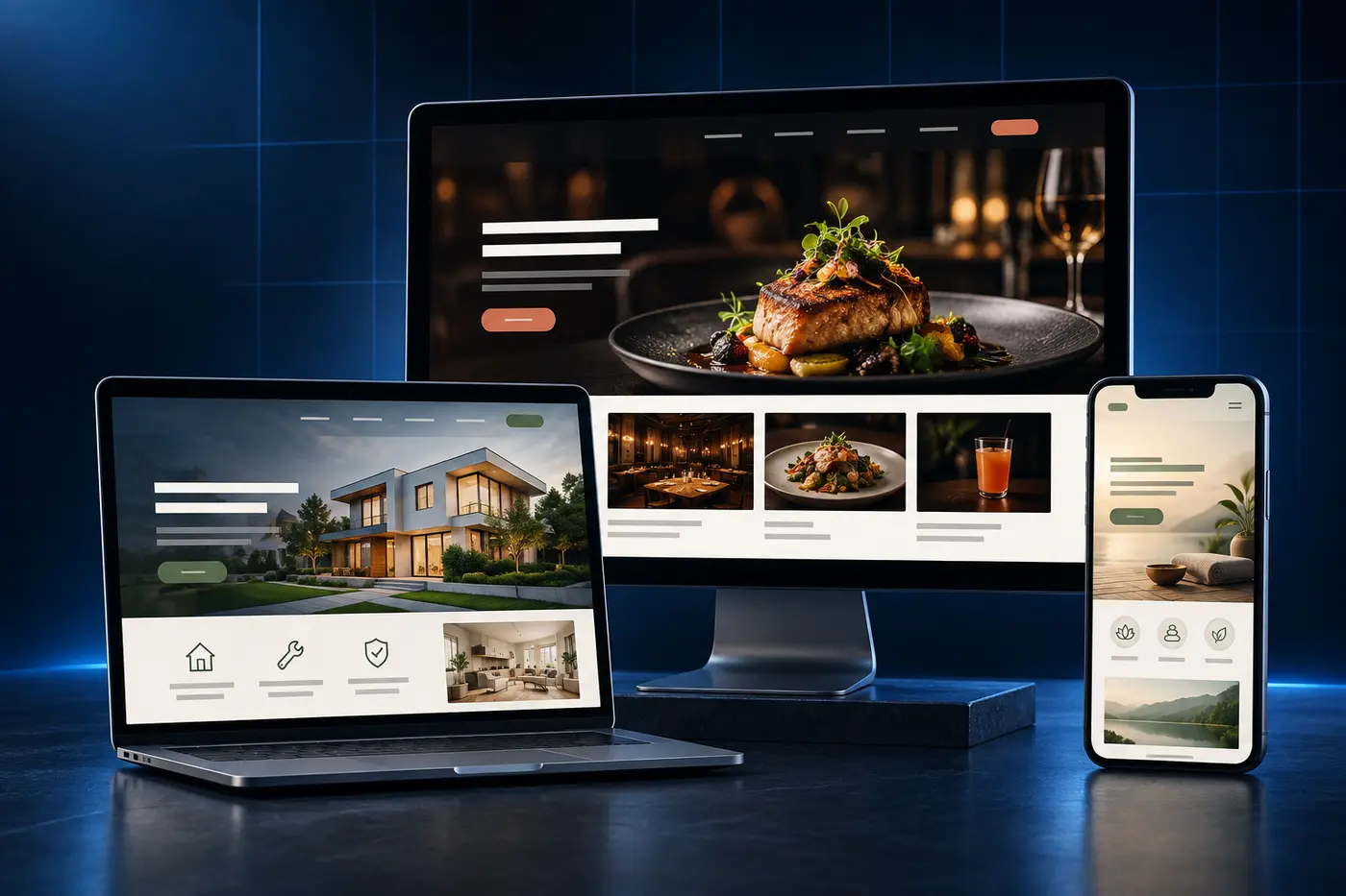 Professional restaurant, service business, and wellness websites displayed across desktop, laptop, and mobile devices